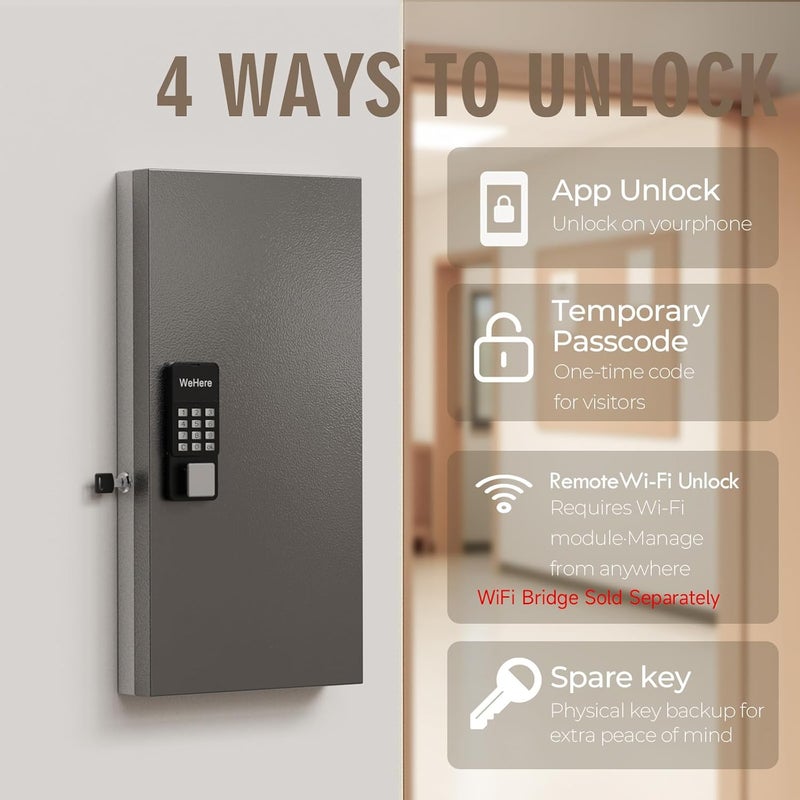 WeHere 48 Key Lock Box Wall Mount, APP Bluetooth/OTP/Wi-Fi/Fixed Code/Key Unlock, Smart Key Cabinet with Key Tag, Key Organizer Holder Box, Key Management Directory for Office, Valet, Realtor, Hotel - Image 4